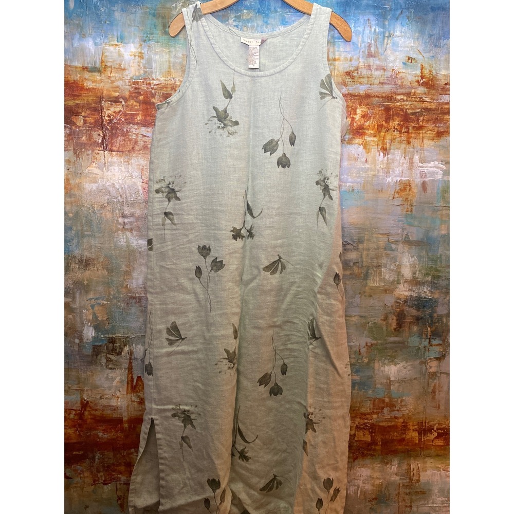 Sweet Jessie Linen Maxi Dress Sage Green Floral Dragonfly Lagenlook Size M 436